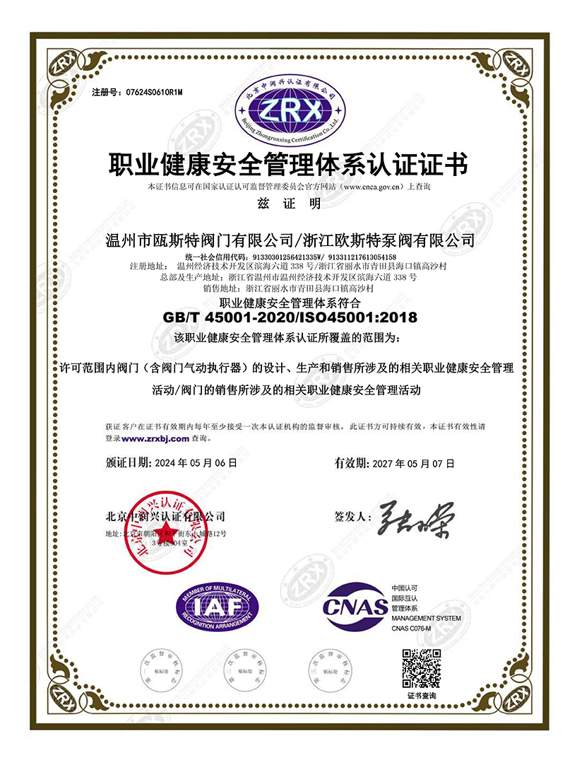 職業(yè)健康安全管理體系認(rèn)證證書